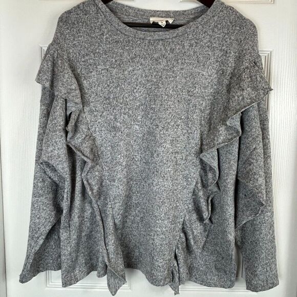 Coverstitched Womens Gray Sweater Sz L Long Sleeve Pullover Ruffled Soft Top U - Picture 3 of 11